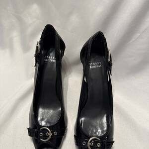 Stuart Weitzman Chatup Black Patent Leather Peep Toe Buckle Heels